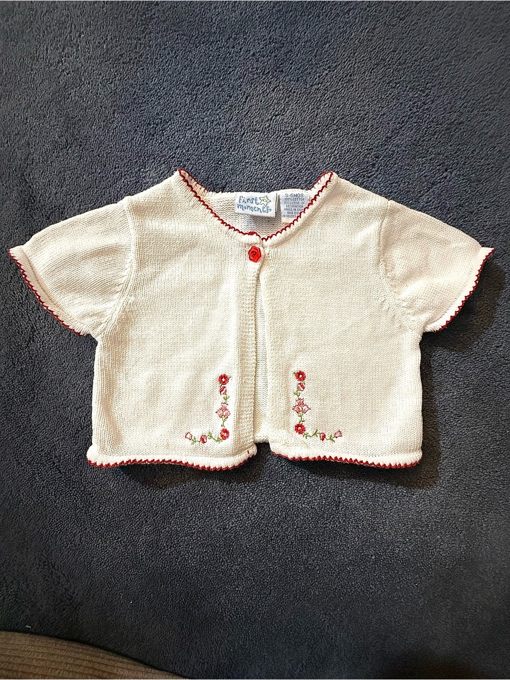 First Moments Vintage Baby Girl Knit Cardigan Sweater Ivory Floral Trim 3-6M